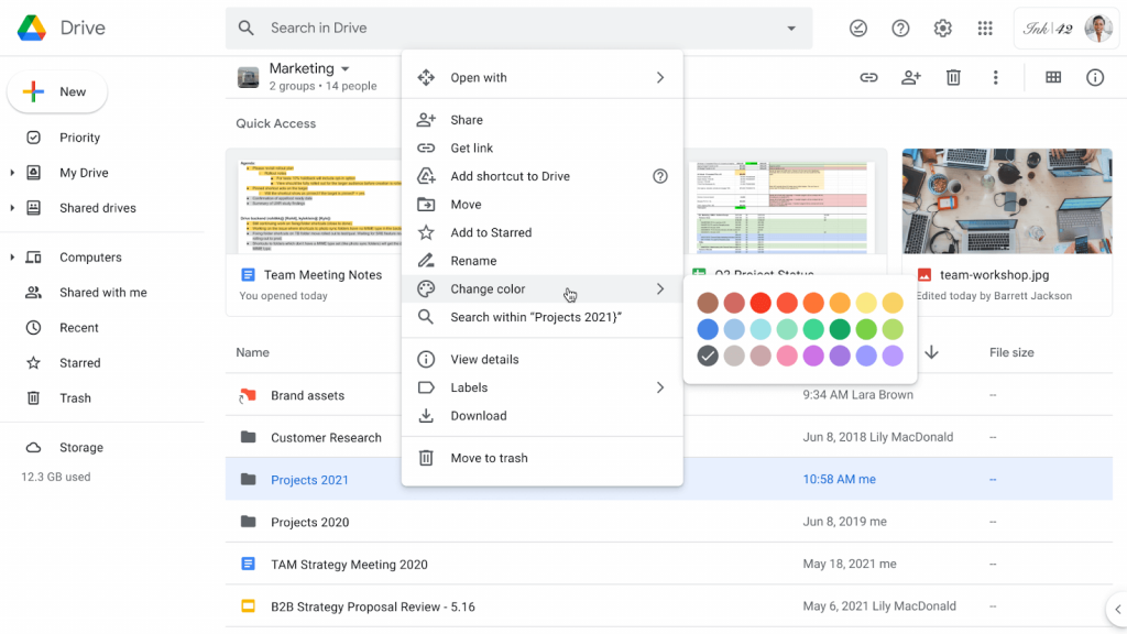 A Google Drive-ban a megosztott mappák színek szerint is rendezhetők